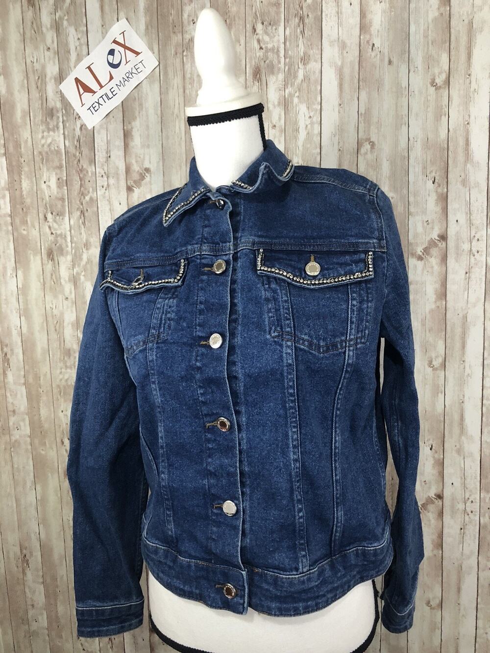 Orsay Denim Jacket Womens Medium Cropped Blue Beaded Long Sleeve Jean N73